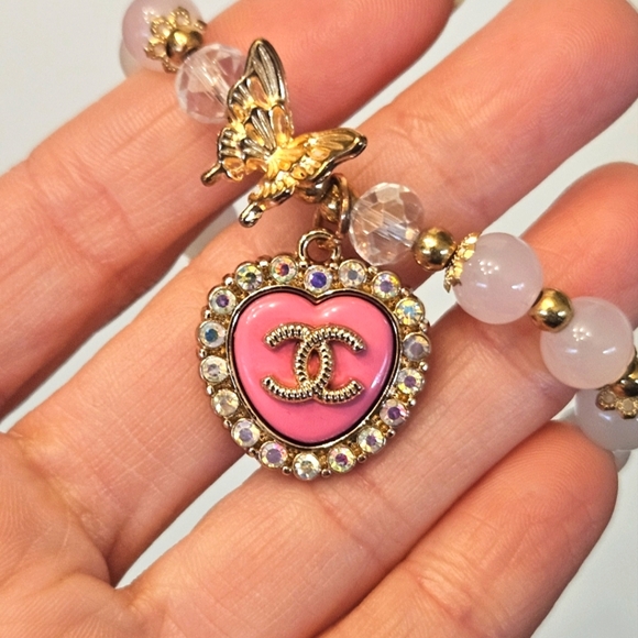 Glass Beaded Bracelet With Stamped CHANEL Crystaled Pink Heart Replacement Charm - Picture 1 of 9